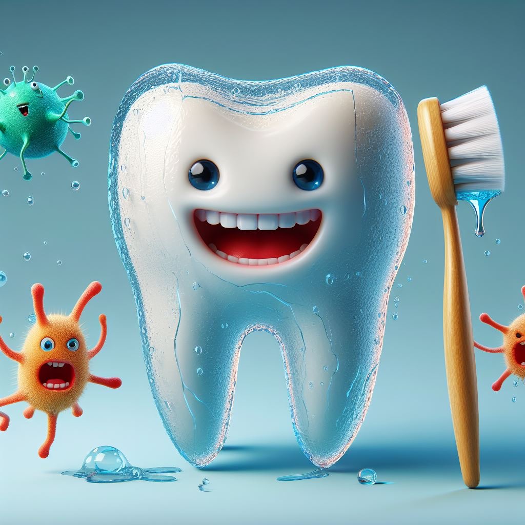 disegno di un dente sorridente con ricoperto da una patina trasparente probabilmente fluoro, uno spazzolino di fianco e a che dei batteri non felici perché non possono attaccare il dente