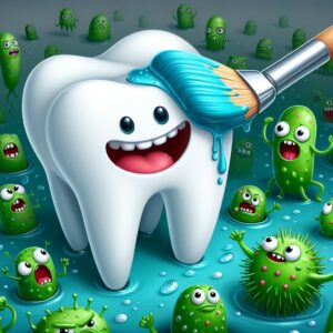 Disegno di un dente sorridente con attorno dei batteri cattivi. Lui è sorridente perché un pennello lo sta cospargendo di fluoro
