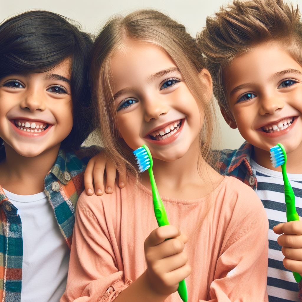 tre bambini sorridenti con spazzolino in mano. Una bambina centrale vestita di rosa chiaro e due bambini maschi