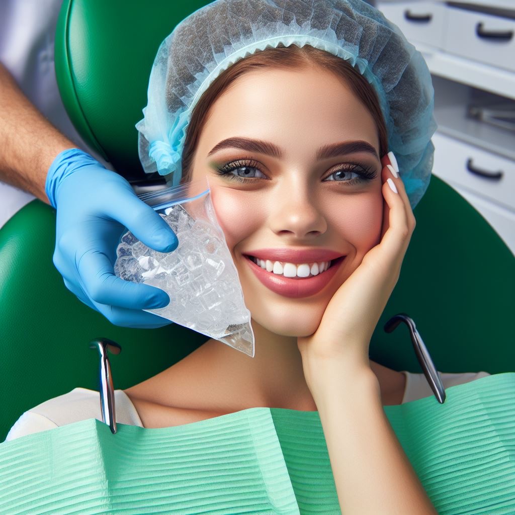 Ragazza sorridente seduta sulla poltrona del dentista che si tiene con una mano la guancia sinsitra e sull'altra guancia del ghiaccio