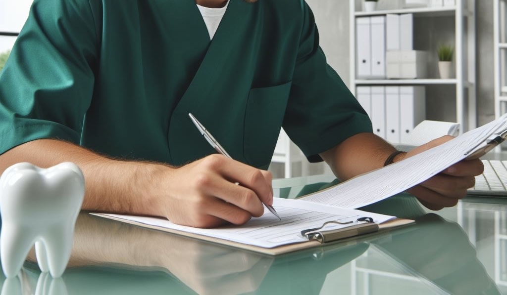 dentista con il camice verde che compila delle cartelle o prescrive dei farmaci. sulla scrivania un dentino bianco