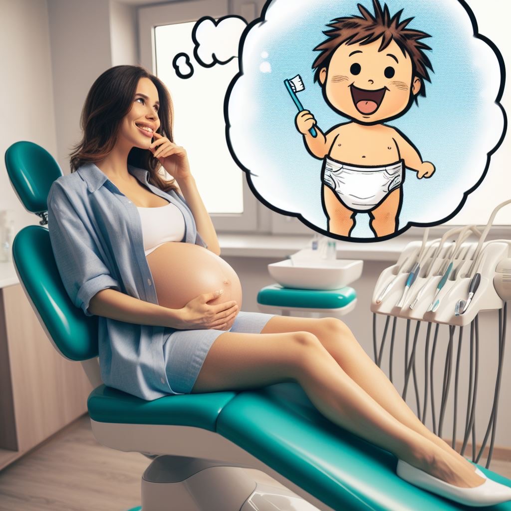 Donna in gravidanza sulla poltrona del dentista che pensa al suo bambino. L'immagine descrive la donna e un fumetto dentro il quale c'è l'immagine disegnata di una bimbo con uno spazzolino in mano.