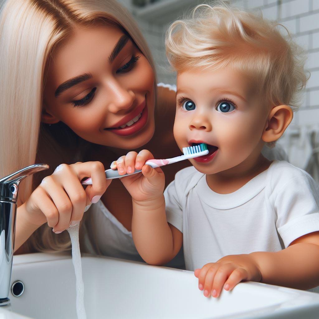 Mamma bionda che lava i denti insieme al suo bimbo. entrambi sul lavandino