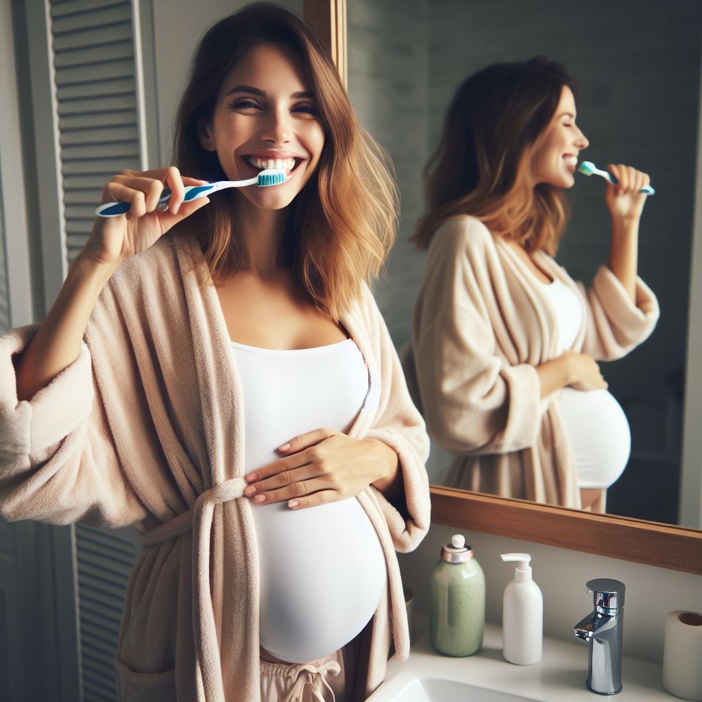 donna in gravidanza con i capelli castani in bagno mentre si sta lavando i denti. la mano sinistra si tiene la pancia
