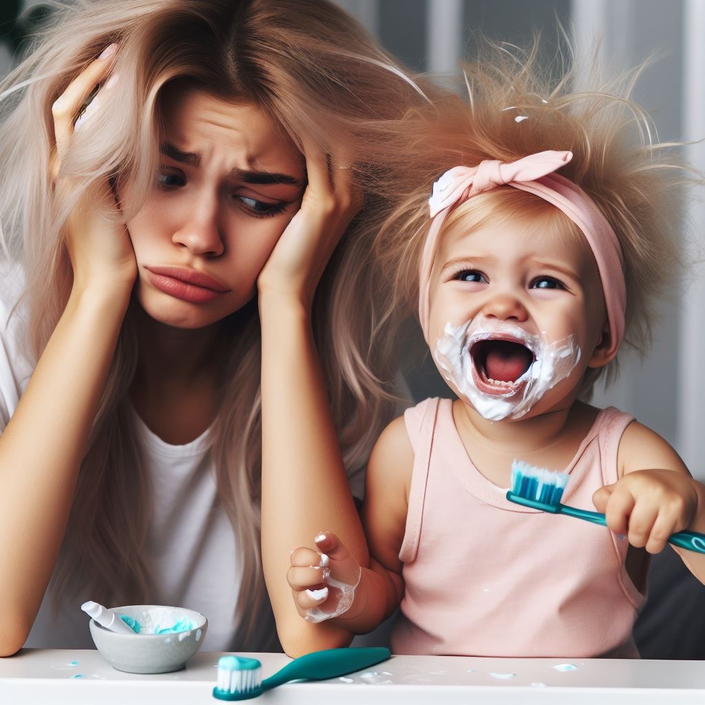 mamma rassegnata mentre la sua bambina gioca con dentifricio e spazzolino. la bimba ha la faccia sporca di dentifricio