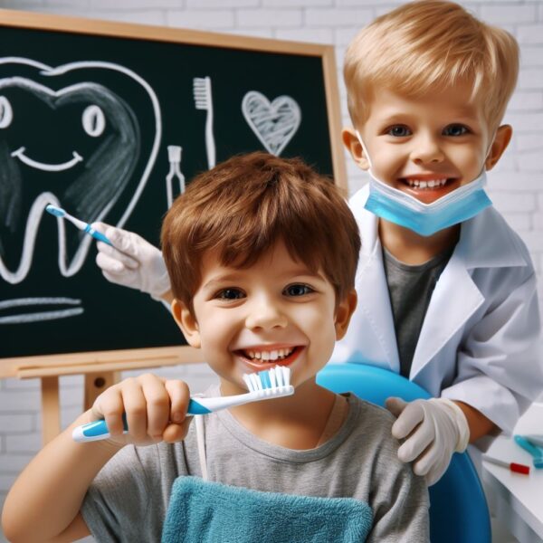 Due bambini: una biondo in piedi che indica il cigno di un dente sulla lavagna e il secondo bimbo seduto davanti con in mano uno spazzolino. Entrambi sorridenti.