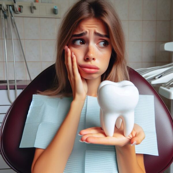 ragazza seduta sulla poltrona rossa del dentista mentre tiene con la mano sinistra un dente molare finto e gigante e con la mano destra si tiene la guancia come se dovesse togliere, o ha già tolto un dente