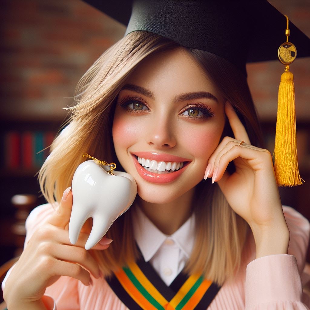 foto di una ragazza sorridente con i capelli castano chiaro, il cappello da laureata e un dente in mano