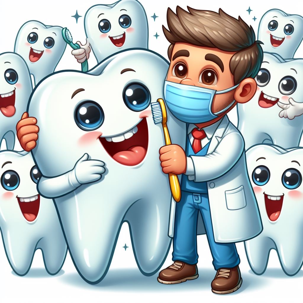 disegno di un dentista con il camice bianco e la mascherina che abbraccia un grosso dente con occhi bocca e braccia. Dietro tanti denti che sorridono