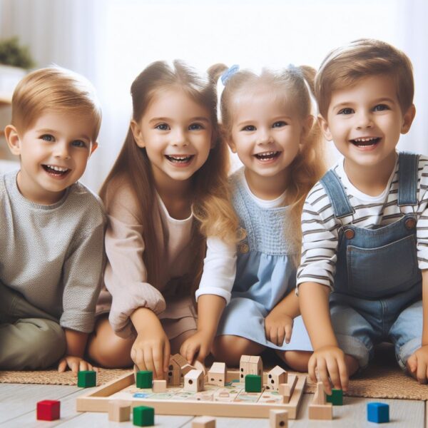 quattro bimbi sorridenti mentre giocano