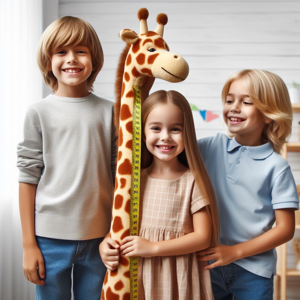 3 bambini biondi che misurano quanto sono cresciuti con un metro a forma di giraffa