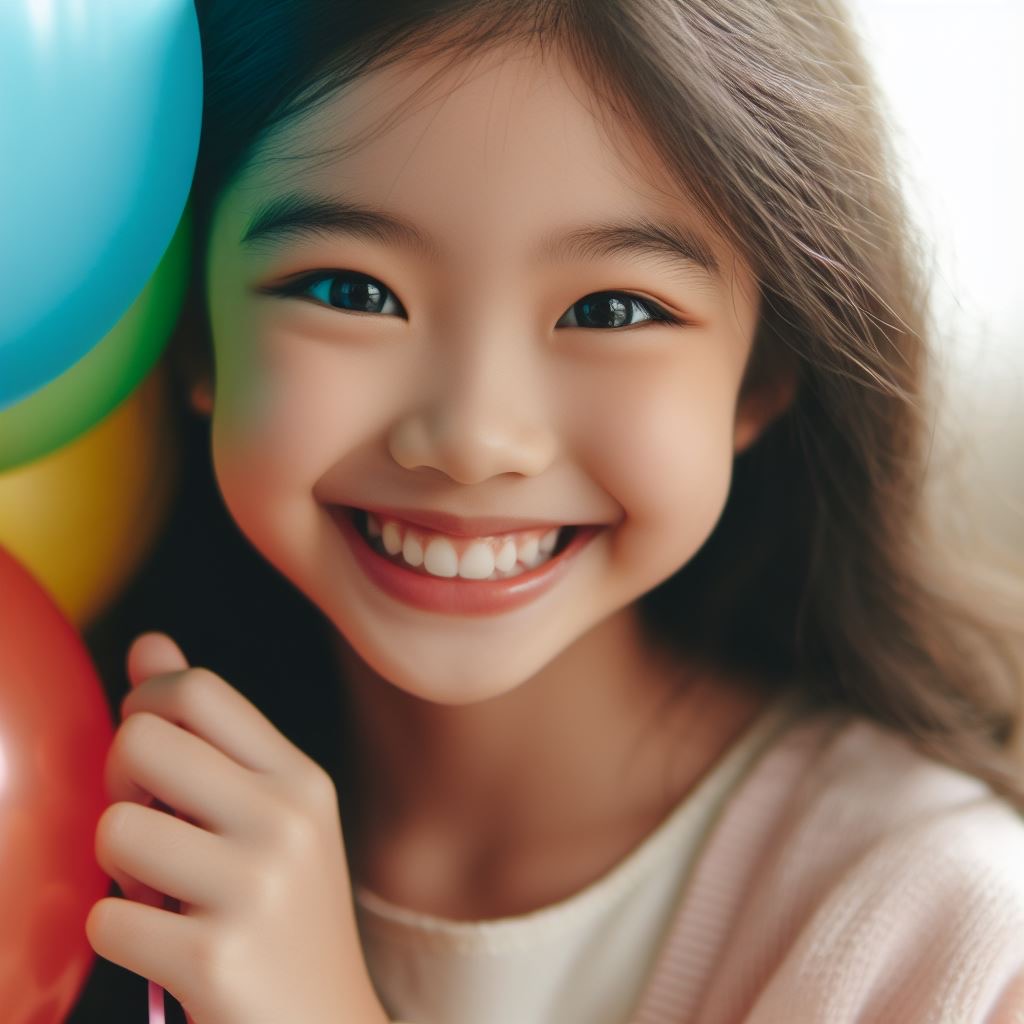 bimba asiatica che sorride di fianco a dei palloncini colorati