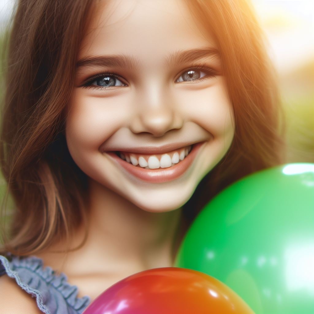 bimba castana sorridente con palloncini colorati